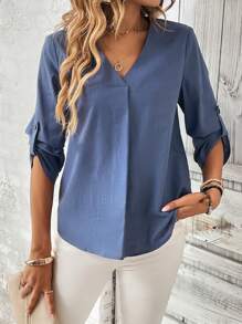 SHEIN LUNE 休閒鈕扣純色女士襯衫 - 霧霾藍 - 查看 1