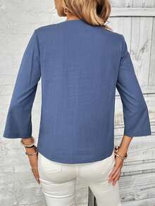 SHEIN LUNE 休閒鈕扣純色女士襯衫 - 霧霾藍 - 查看 2