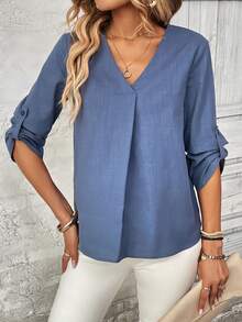 SHEIN LUNE 休閒鈕扣純色女士襯衫 - 霧霾藍 - 查看 3