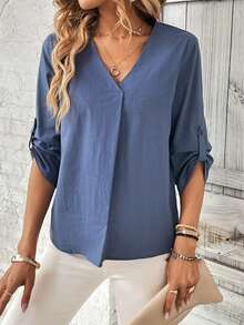 SHEIN LUNE 休閒鈕扣純色女士襯衫 - 霧霾藍 - 查看 4
