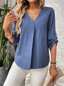 SHEIN LUNE 休閒鈕扣純色女士襯衫 - 霧霾藍 - 查看 5