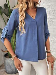 SHEIN LUNE 休閒鈕扣純色女士襯衫 - 霧霾藍 - 查看 6