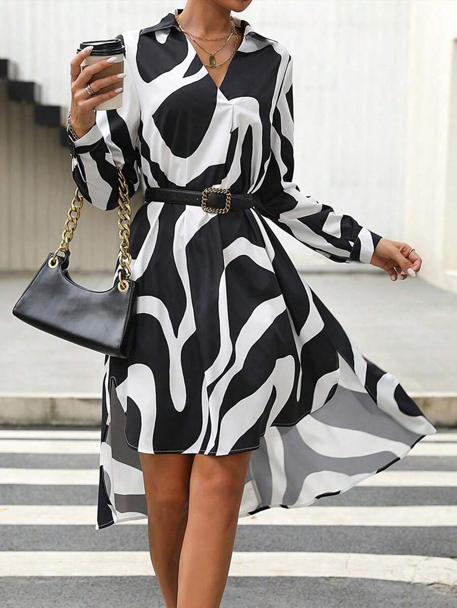 SHEIN Clasi 滿版印花高低下擺連衣裙 - 黑與白 - 查看 1