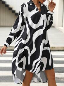 SHEIN Clasi 滿版印花高低下擺連衣裙 - 黑與白 - 查看 4