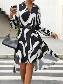 SHEIN Clasi 滿版印花高低下擺連衣裙 - 黑與白 - 查看 5