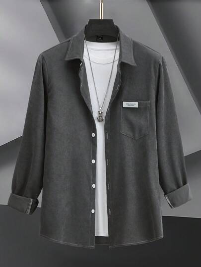 Homme Chemise À Applique Lettre À Poche En Velours Côtelé (Sans T-Shirt)