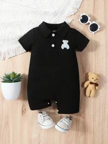 SHEIN Baby Boys' Bear Printed Polo Collar Romper - Black - View 1