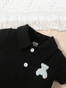 SHEIN Baby Boys' Bear Printed Polo Collar Romper - Black - View 3