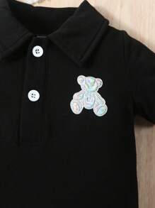 SHEIN Baby Boys' Bear Printed Polo Collar Romper - Black - View 5