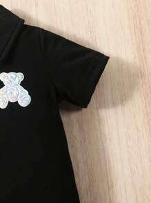 SHEIN Baby Boys' Bear Printed Polo Collar Romper - Black - View 6