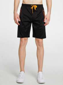 Men Drawstring Waist Shorts - Black - View 1