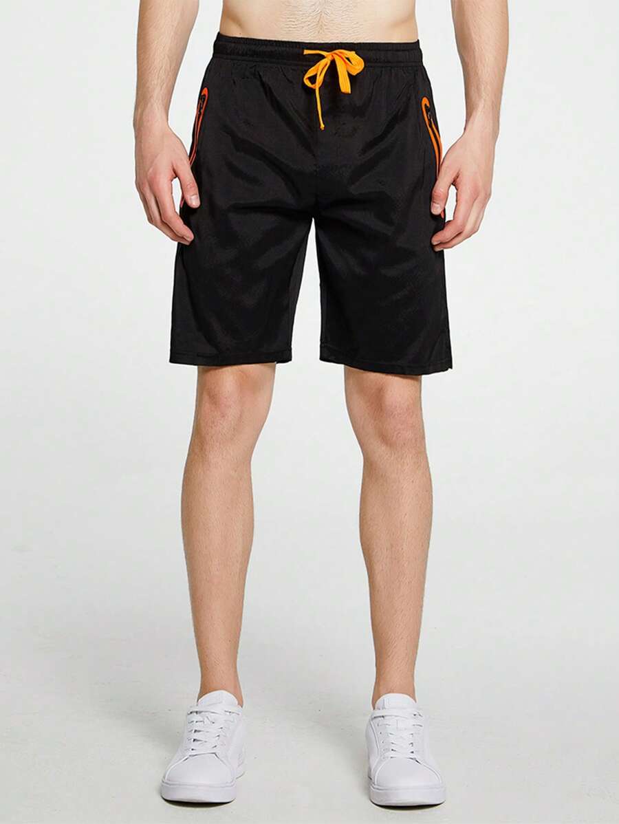 Men Drawstring Waist Shorts - Black - View 1