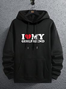 情人節男裝心形&標語圖形袋鼠口袋束口保暖連帽衫 - 黑色 - 查看 1