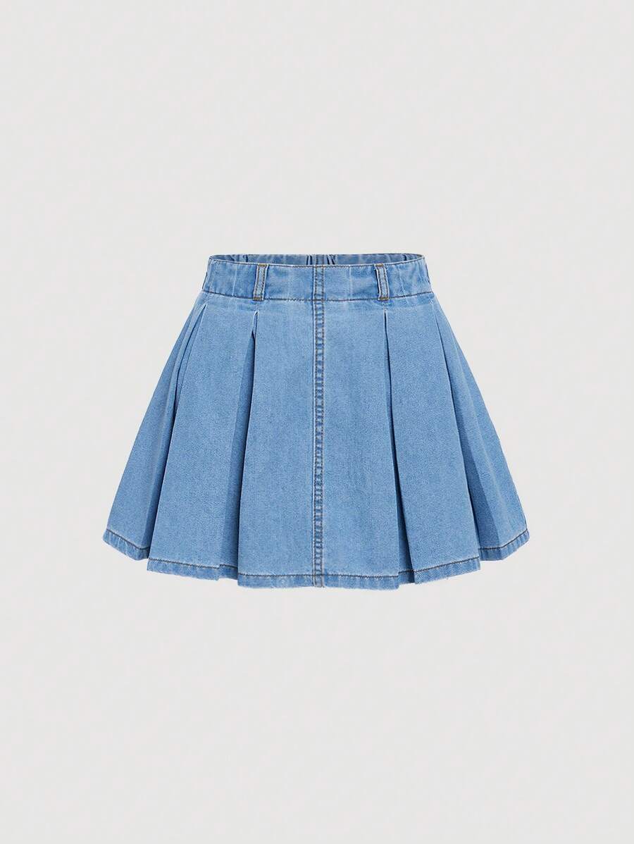 SHEIN Girlism Tween Girl Solid Pleated Denim Skirt