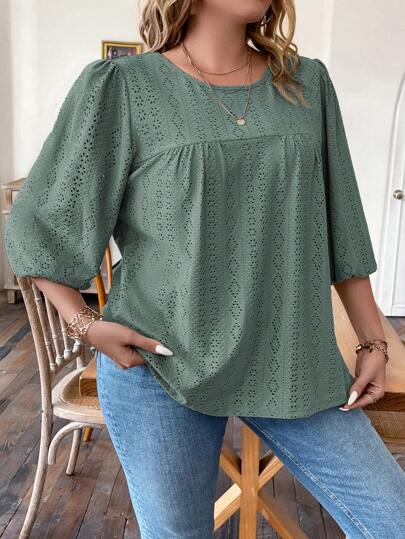 Women Casual Knitted Jacquard Round Neck Ruched Lantern Sleeve Regular Fit Plus Size Loose Summer T-Shirt