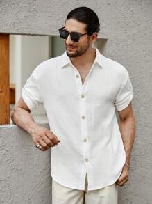 Manfinity Homme 鬆身男士純色鈕扣前襯衫 - 白色 - 查看 9