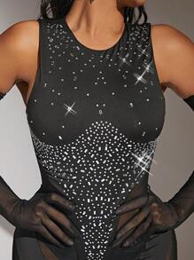 SHEIN SXY Rhinestone Detail Mesh Insert Unitard Jumpsuit With Gloves - Black - View 5