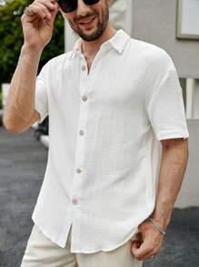 Manfinity Homme 鬆身男士純色鈕扣前襯衫 - 白色 - 查看 4