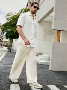 Manfinity Homme 鬆身男士純色鈕扣前襯衫 - 白色 - 查看 5