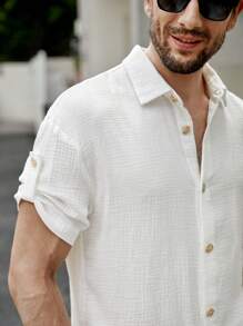 Manfinity Homme 鬆身男士純色鈕扣前襯衫 - 白色 - 查看 6