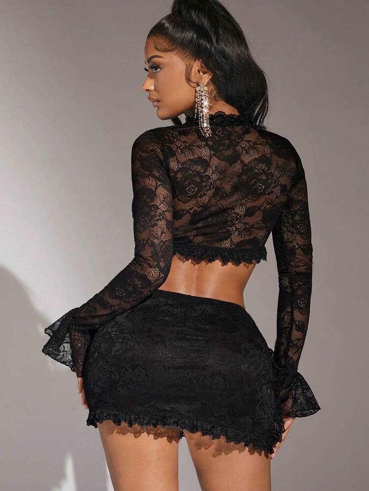 Twist Front Crop Lace Top & Bodycon Skirt