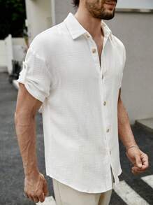 Manfinity Homme 鬆身男士純色鈕扣前襯衫 - 白色 - 查看 7