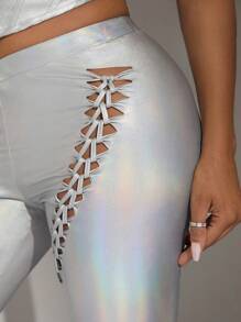 SHEIN SXY Holographic Cut Out Leggings - Silver - View 5
