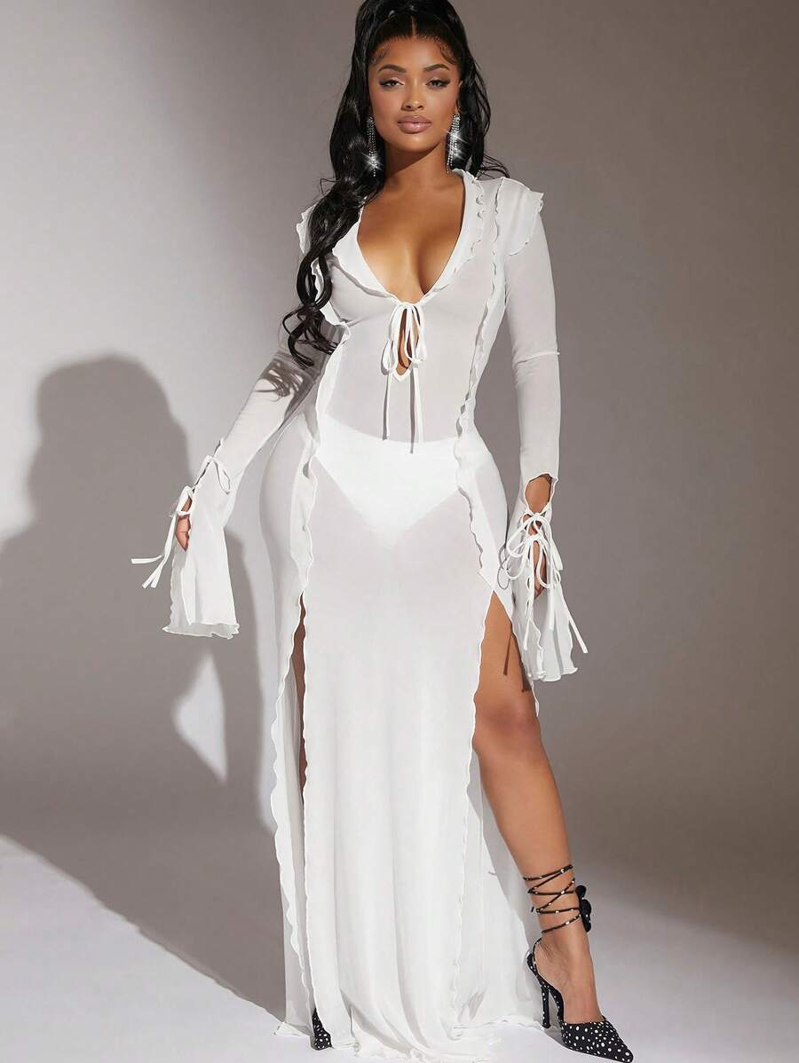 SHEIN SXY Ruffle Trim Cà vạt Mặt trước Váy xẻ Đùi Không có Quần lót Váy mùa thu - trắng - Xem 1