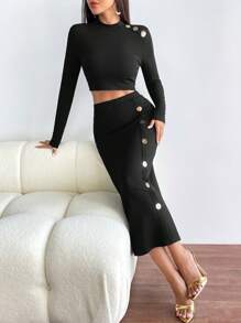 SHEIN Privé 紐扣細節短款T恤&鉛筆裙 - 黑色 - 查看 4