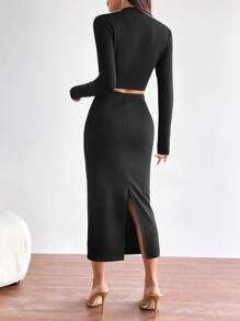 SHEIN Privé 紐扣細節短款T恤&鉛筆裙 - 黑色 - 查看 2