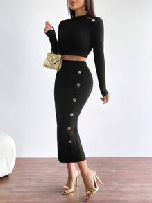 SHEIN Privé 紐扣細節短款T恤&鉛筆裙 - 黑色 - 查看 3