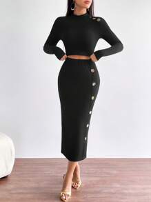 SHEIN Privé 紐扣細節短款T恤&鉛筆裙 - 黑色 - 查看 6