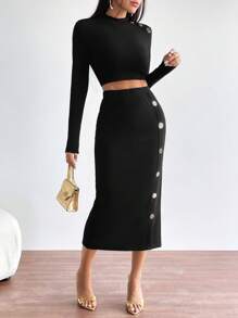 SHEIN Privé 紐扣細節短款T恤&鉛筆裙 - 黑色 - 查看 5