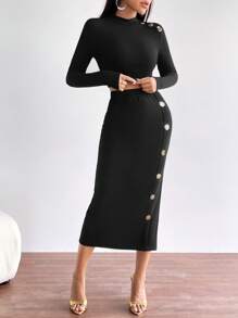 SHEIN Privé 紐扣細節短款T恤&鉛筆裙 - 黑色 - 查看 7