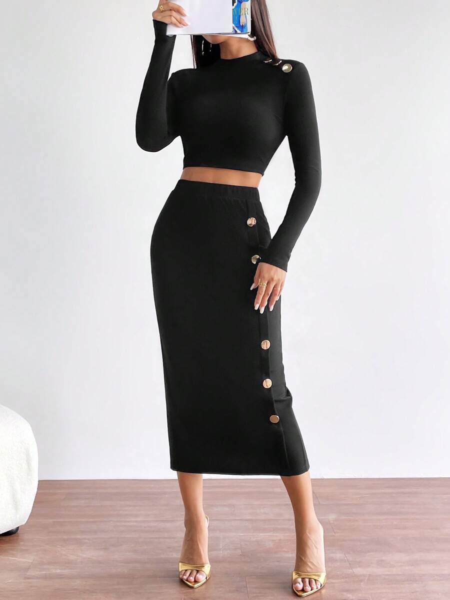 SHEIN Privé 紐扣細節短款T恤&鉛筆裙 - 黑色 - 查看 1