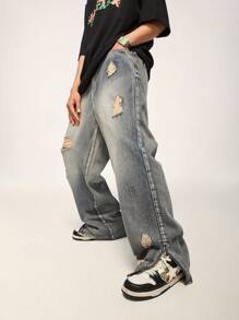 INFLATION 男士破洞直筒牛仔褲 - 中等水洗藍 - 查看 1