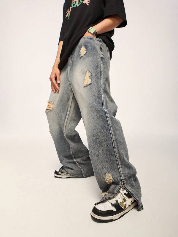 INFLATION Hombres Jeans de pierna recta desgarro