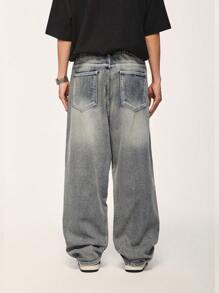 INFLATION 男士破洞直筒牛仔褲 - 中等水洗藍 - 查看 2