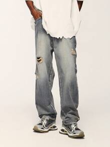 INFLATION 男士破洞直筒牛仔褲 - 中等水洗藍 - 查看 3