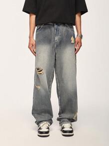 INFLATION 男士破洞直筒牛仔褲 - 中等水洗藍 - 查看 4