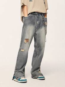 INFLATION 男士破洞直筒牛仔褲 - 中等水洗藍 - 查看 5