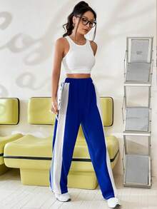 SHEIN Unity 拼接側邊接縫彈性腰帶衛褲 - 藍色 - 查看 6