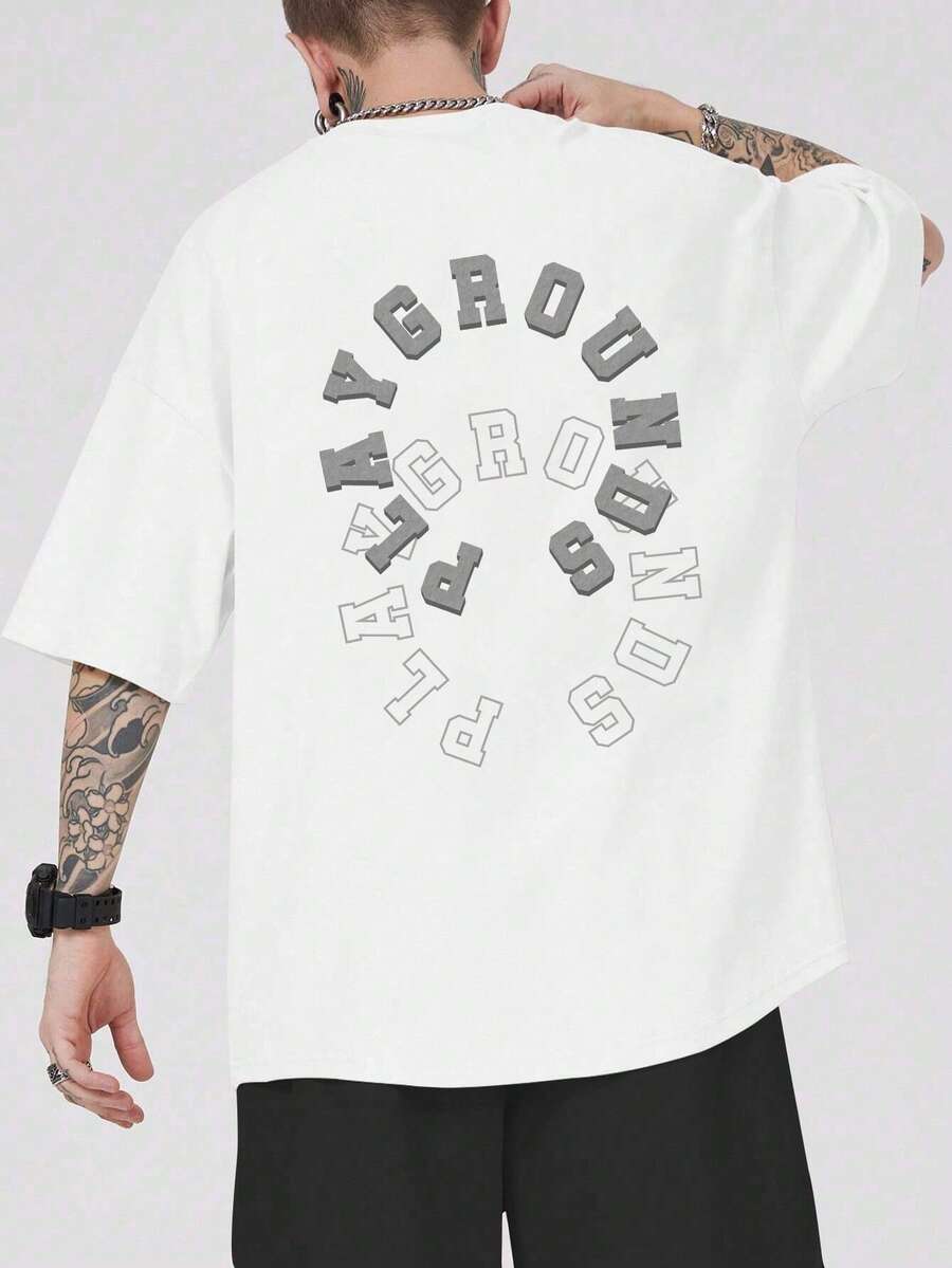 男士字母圖案落肩T恤 - 白色 - 查看 1