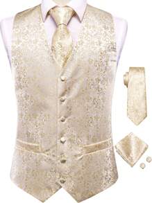 情人節男士西裝背心套裝,附領帶,手帕和可調節背帶扣 - 金色 - 查看 1