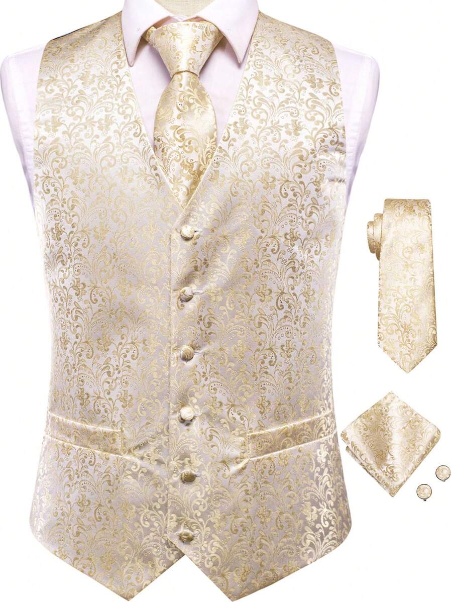 情人節男士西裝背心套裝,附領帶,手帕和可調節背帶扣 - 金色 - 查看 1