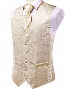 情人節男士西裝背心套裝,附領帶,手帕和可調節背帶扣 - 金色 - 查看 3