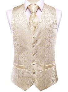 情人節男士西裝背心套裝,附領帶,手帕和可調節背帶扣 - 金色 - 查看 4