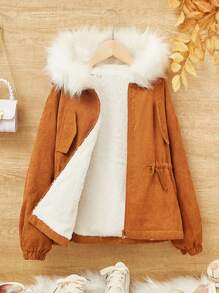 SHEIN Tween Girl Fuzzy Trim Drawstring Waist Hooded Thermal Lined Coat - Brown - View 1