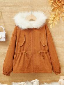 SHEIN Tween Girl Fuzzy Trim Drawstring Waist Hooded Thermal Lined Coat - Brown - View 3