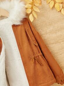 SHEIN Tween Girl Fuzzy Trim Drawstring Waist Hooded Thermal Lined Coat - Brown - View 4